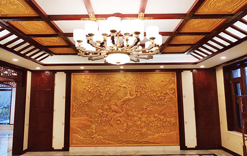 延边朝鲜族中式别墅客厅中式木作横梁吊顶装饰展示