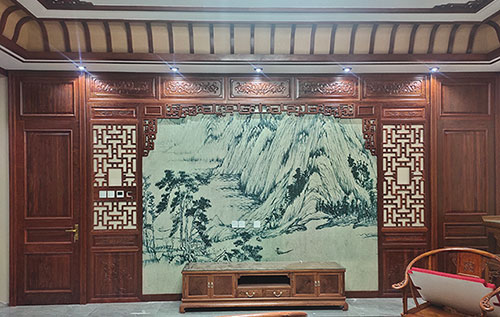 延边朝鲜族中式仿古别墅客厅背景墙花格木作装饰